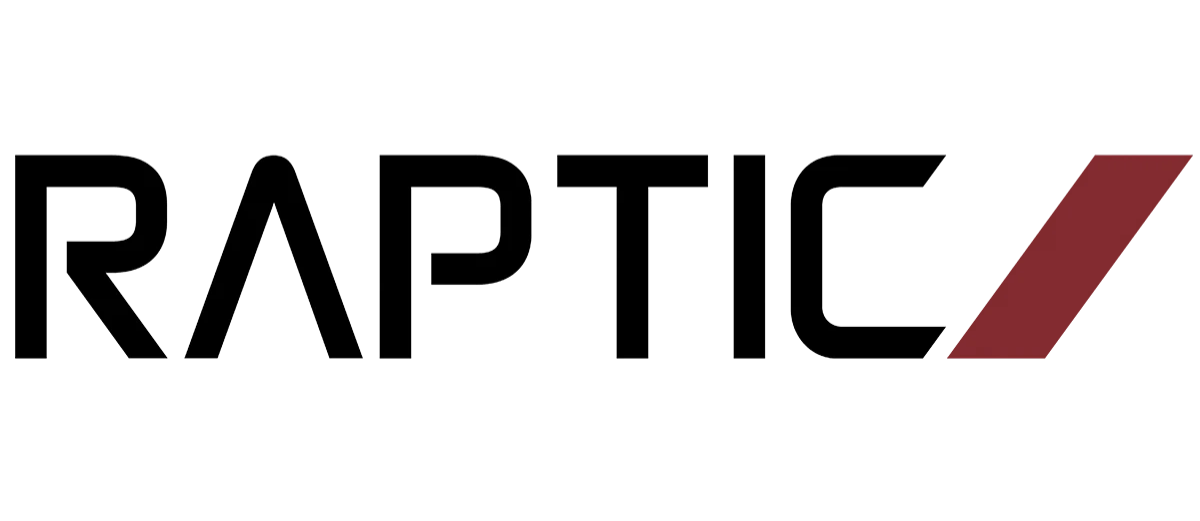 Logo z napisem \'RAPTIC\' oraz ukośnym czerwonym paskiem po prawej stronie.
