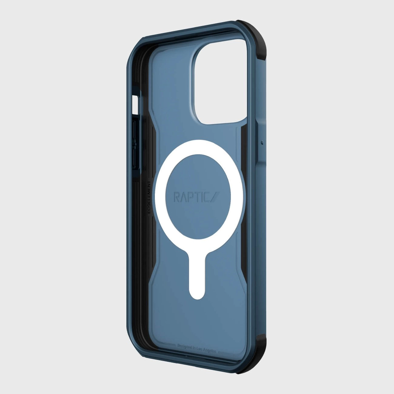 Niebieskie etui na telefon z wycięciem na aparat i białym okręgiem na środku. Na etui widoczny jest napis \'RAPTIC\'.