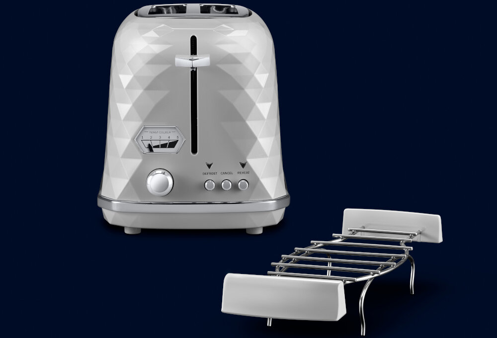 Toster DELONGHI CTJX2103.W opcje opiekania podgrzewanie rozmrazanie funkcja Extra Lift
