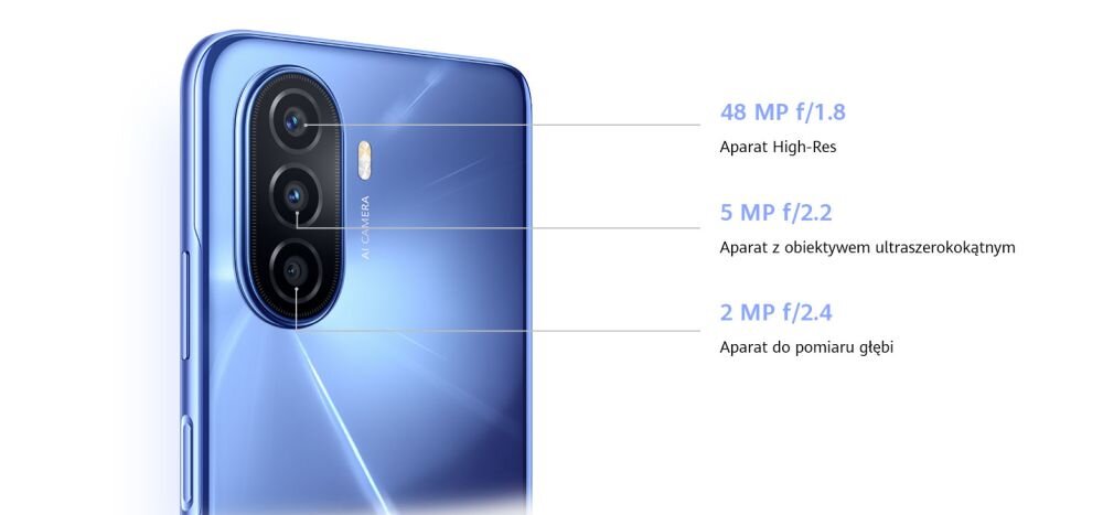 Smartfon HUAWEI Nova Y70  ekran bateria aparat procesor ram pamięć pojemność rozdzielczość zdjęcia filmy opis dane cechy blokady system łączność wifi bluetooth obudowa szkło odporność porty muzyka transfer sieć przekątna matryca waga czujniki