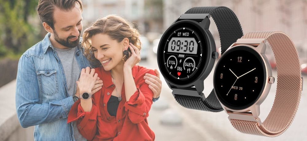 Smartwatch FOREVER Forevive 2 Slim ekran bateria czujniki zdrowie sport pasek ładowanie pojemność rozdzielczość łączność sterowanie krew puls rozmowy smartfon aplikacja