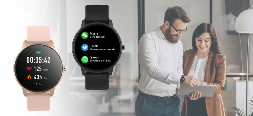 Smartwatch FOREVER Forevive 2 Slim ekran bateria czujniki zdrowie sport pasek ładowanie pojemność rozdzielczość łączność sterowanie krew puls rozmowy smartfon aplikacja