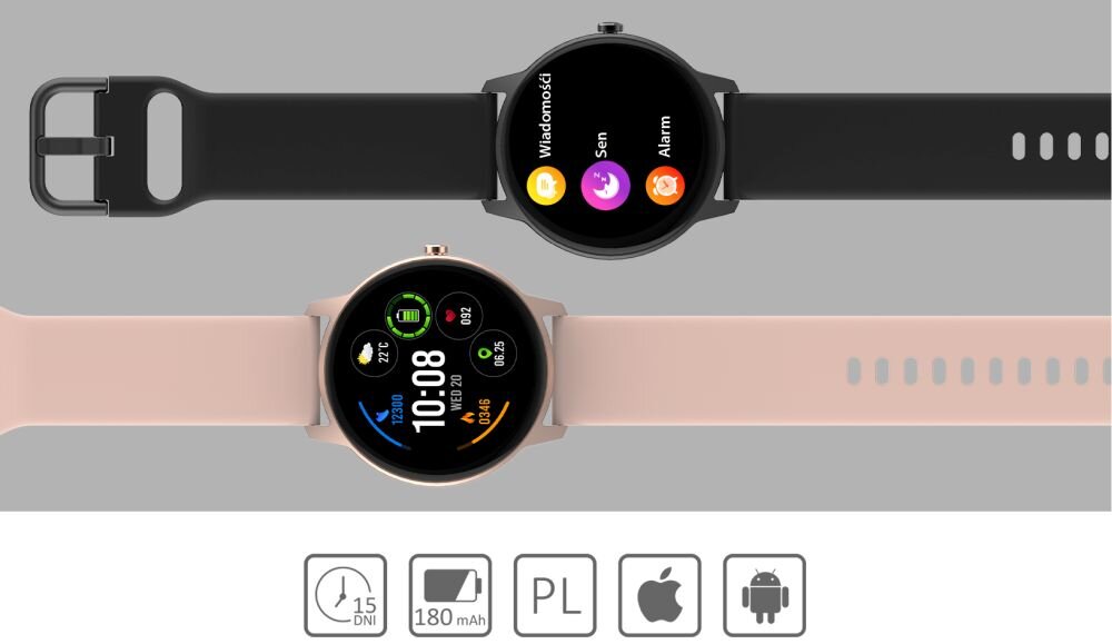 Smartwatch FOREVER Forevive 2 Slim ekran bateria czujniki zdrowie sport pasek ładowanie pojemność rozdzielczość łączność sterowanie krew puls rozmowy smartfon aplikacja