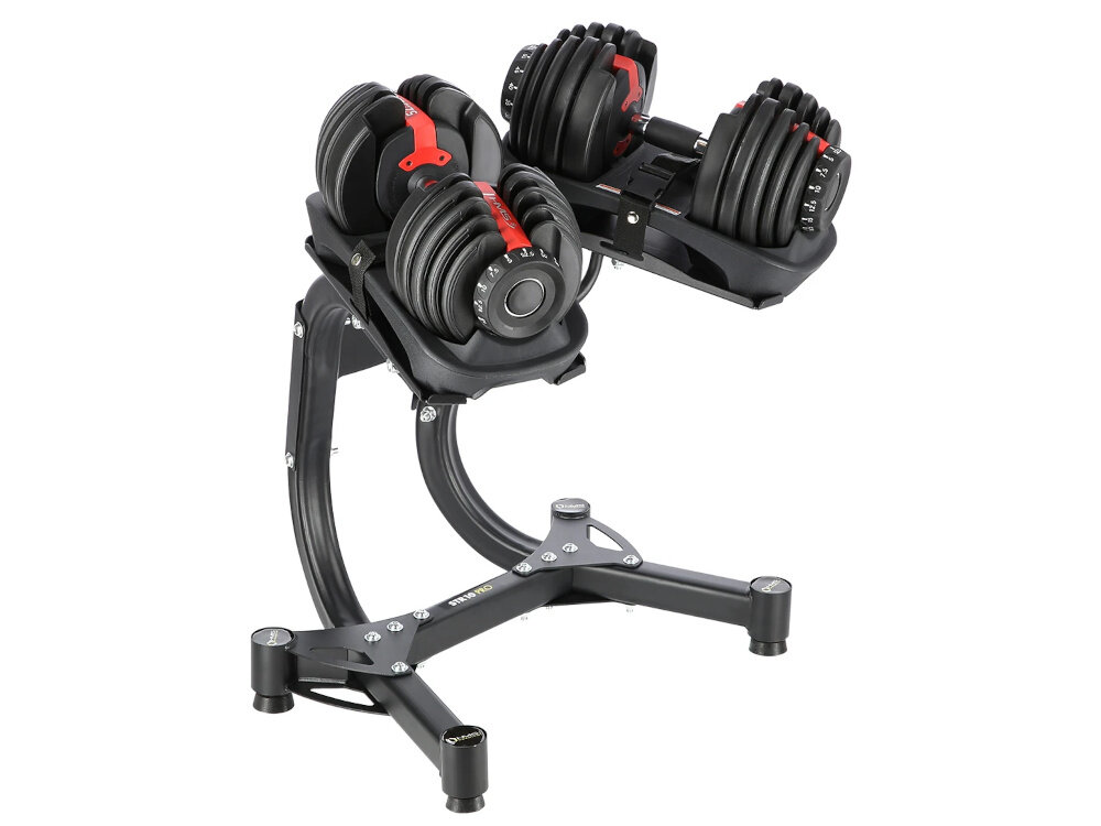 Stojak na hantle STR10 PRO PRO + hantle SR80 stojak i sztangielki na białym tle praktyczne stanowisko do ćwiczeń w domu Zakres regulacji od 2,5 do 24 kg w każdej sztangielce trening całego ciała