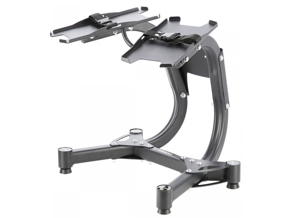 Stojak na hantle STR10 PRO PRO + hantle SR80 stojak na białym tle Stojak STR10 PRO ze stali do 100 kg wymiary 60 × 64,5 × 48 cm Paski wyprofilowane końcówki miejsc na obciążenie