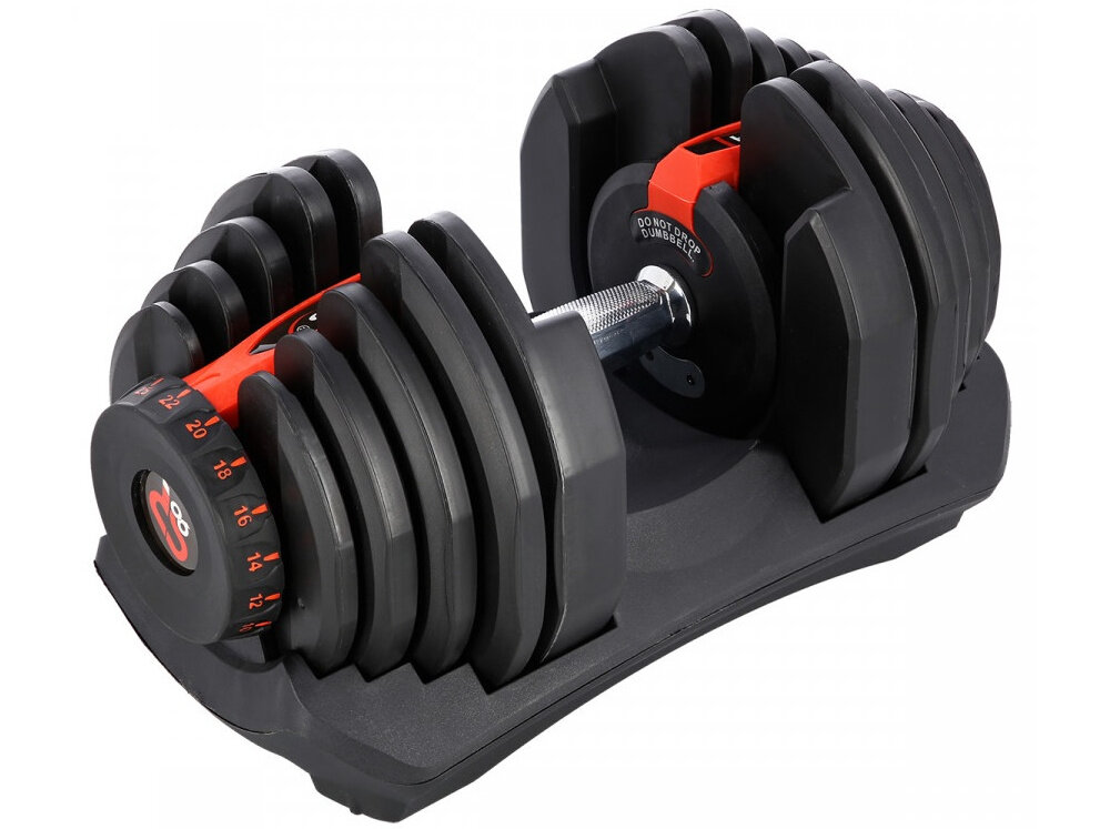 Stojak na hantle STR10 PRO PRO + hantle SR80 sztangielka na białym tle Podstawki do sztangielek mają wymiary 43,5 × 22,5 × 8,5 cm regulowana sztangielka ma 42 cm długości i 11 cm długości uchwytu około 25,6 kg stalowa konstrukcja stojaka waży około 16 kg