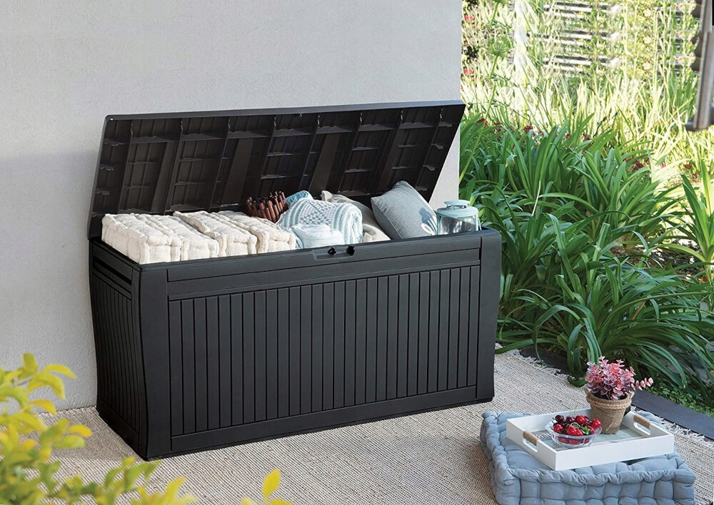 Skrzynia ogrodowa KETER Comfy 17202623 Antracytowy niewielki rozmiar 117 x 45 x 57 cm pojemność do 270 litrów mechanizm wspomagający otwieranie pokrywy
