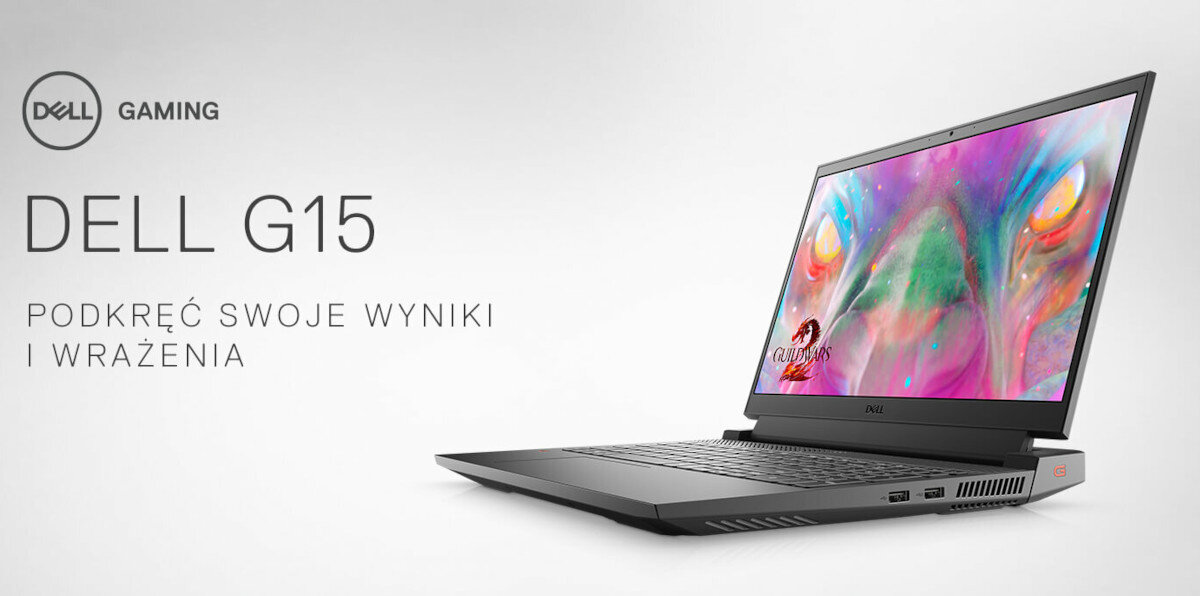 Obraz przedstawia laptop DELL G15 z kolorowym wyświetlaczem. Widoczny jest tekst: \'DELL GAMING DELL G15 PODKRĘĆ SWOJE WYNIKI I WRAŻENIA\'.