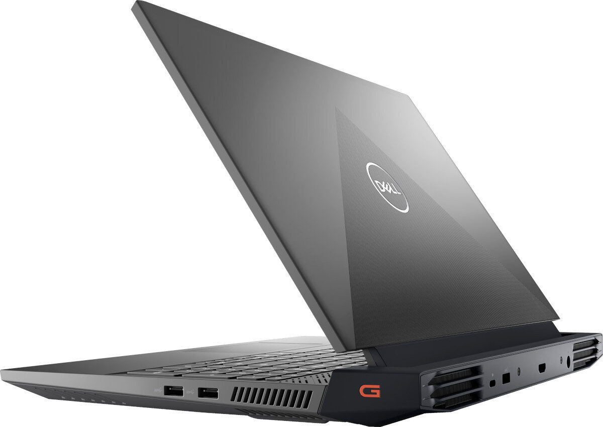 Laptop z otwartą pokrywą, widoczny z boku, z logo \'Dell\' na obudowie. Obudowa jest ciemna, z widocznymi portami i otworami wentylacyjnymi.
