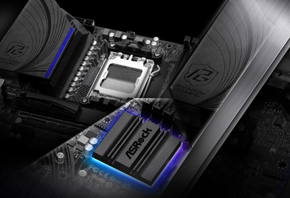 Płyta główna ASROCK B650M PG Riptide Zbliżenie na metalowe elementy chłodzące podzespołu. Obraz podzielony jest ukośnie, prezentując fakturę radiatorów oraz logo z napisem 'PHANTOM GAMING'