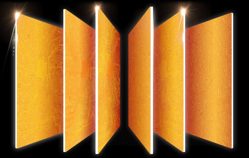 Płyta główna ASROCK B650M PG Riptide Wizualizacja sześciu warstw płytki drukowanej w odcieniach pomarańczu. Płyty ustawione są pionowo obok siebie, ukazując skomplikowany układ ścieżek elektronicznych