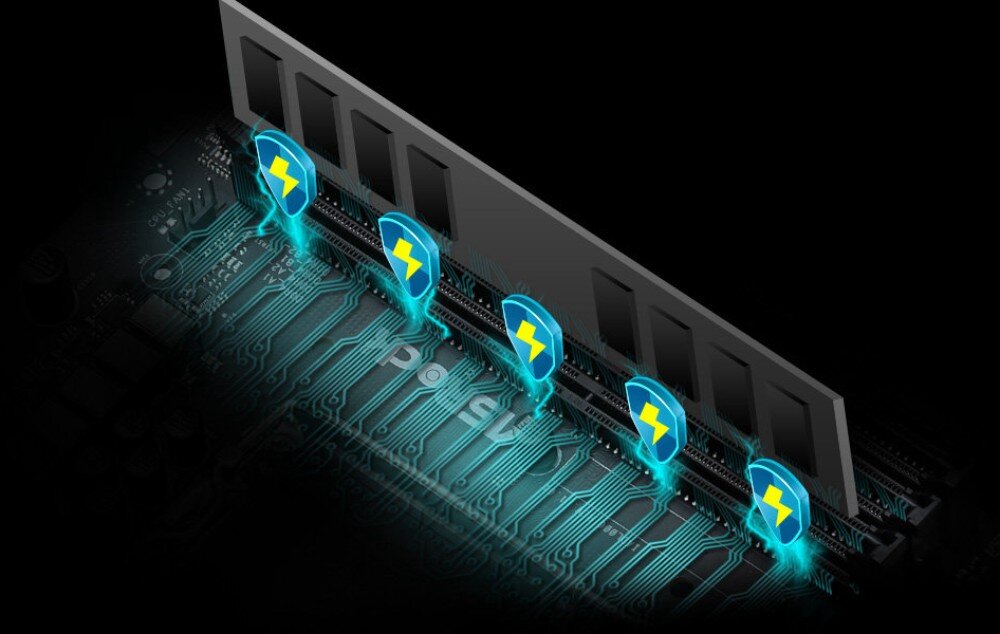 Płyta główna ASROCK B650M PG Riptide Zbliżenie na cztery gniazda pamięci RAM. Nad slotami unoszą się niebieskie tarcze z symbolem błyskawicy, a ścieżki na laminacie poniżej są podświetlone na błękitno