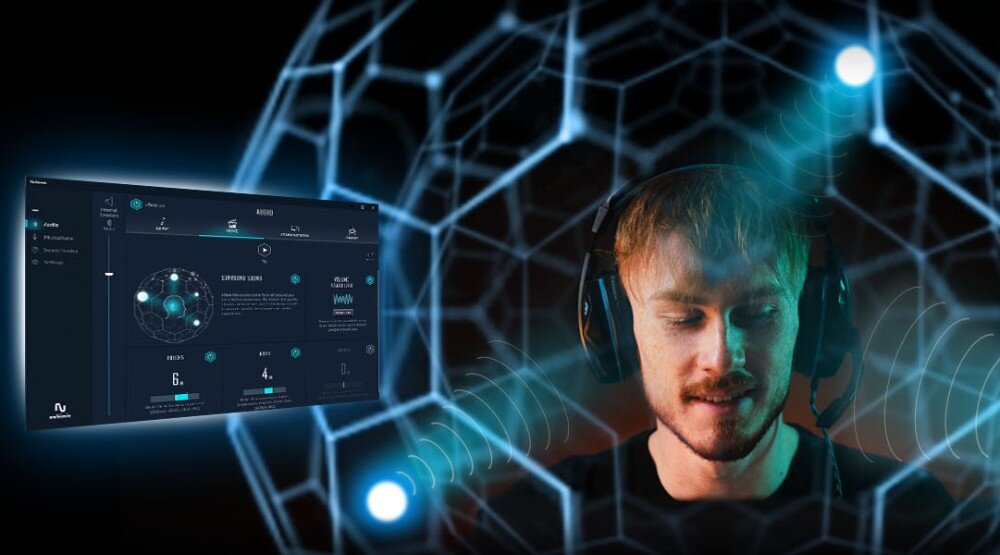 Płyta główna ASROCK B650M PG Riptide Mężczyzna w słuchawkach otoczony wizualizacją sferycznej siatki dźwięku przestrzennego. Po lewej stronie widoczny jest interfejs aplikacji do zarządzania ustawieniami audio