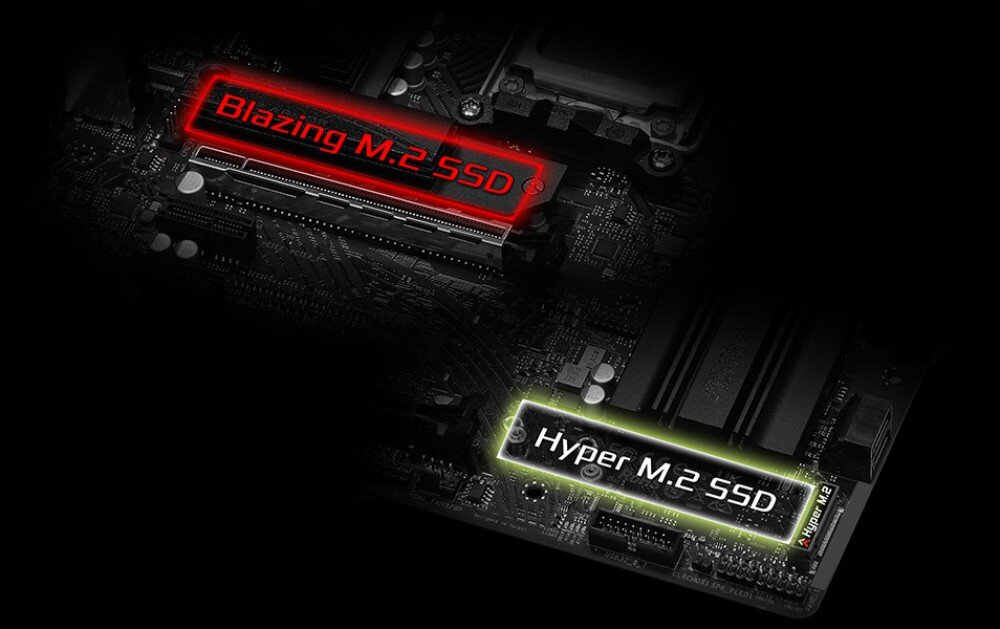 Płyta główna ASROCK B650M PG Riptide Płyta główna z wyróżnionymi miejscami montażu dysków. Górne gniazdo otoczone czerwoną ramką nosi nazwę 'Blazing M.2 SSD', a dolne w zielonej ramce opisano jako 'Hyper M.2 SSD'