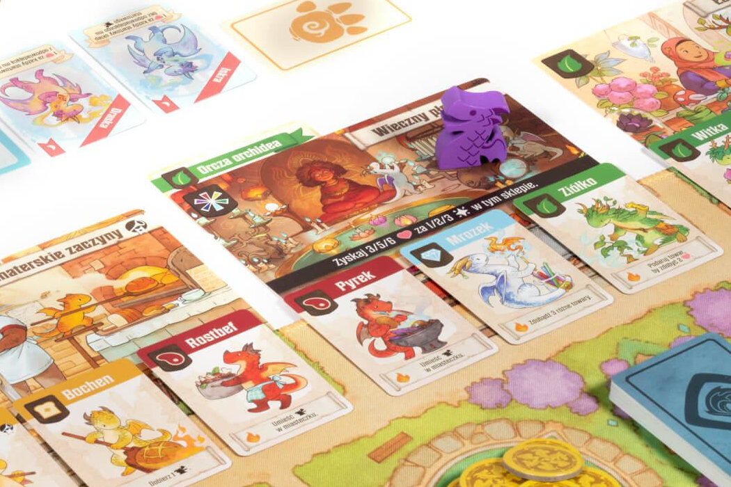 Gra planszowa LUCKY DUCK GAMES Flamecraft płomienie smoki pomoc rozgrywka zabawa punkty handlarze magia zaklęcia