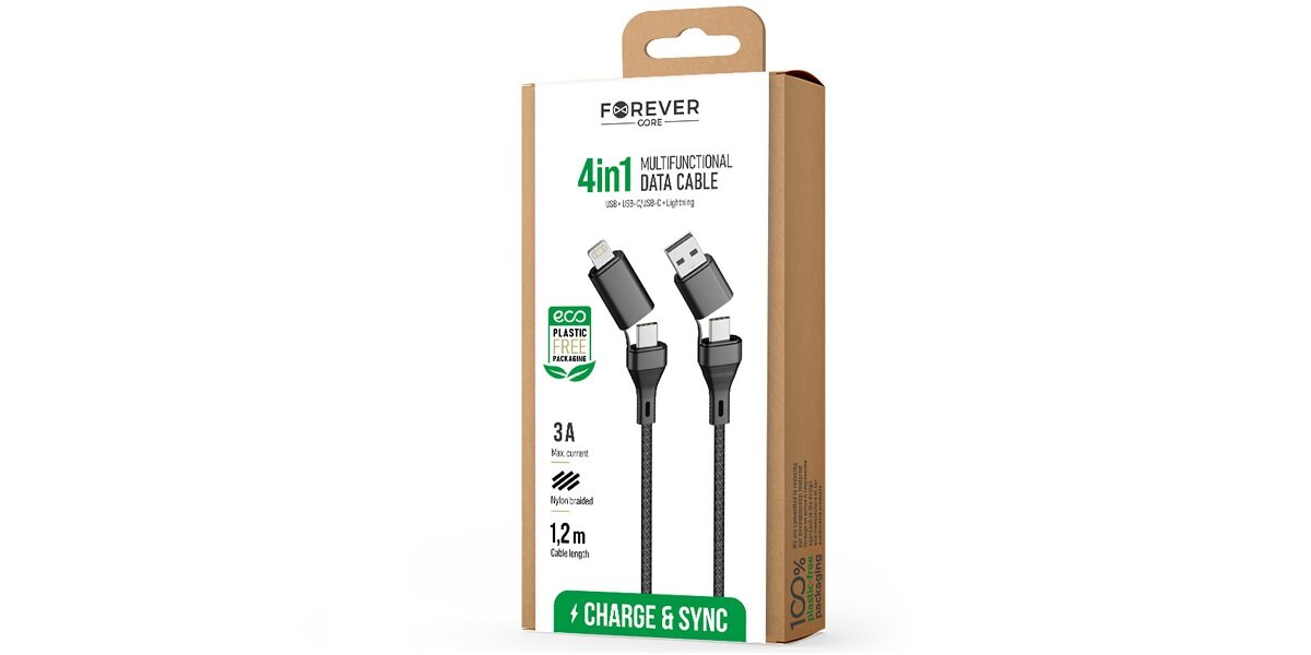 Kabel USB-USB Typ-C - USB Typ-C-Micro USB FOREVER Core 1.2 m GSM117837 Czarny Uniwersalny kabel USB 4 w 1 USB-A/USB-C/Lightning Uniwersalny przewód do różnych urządzeń elektronicznych