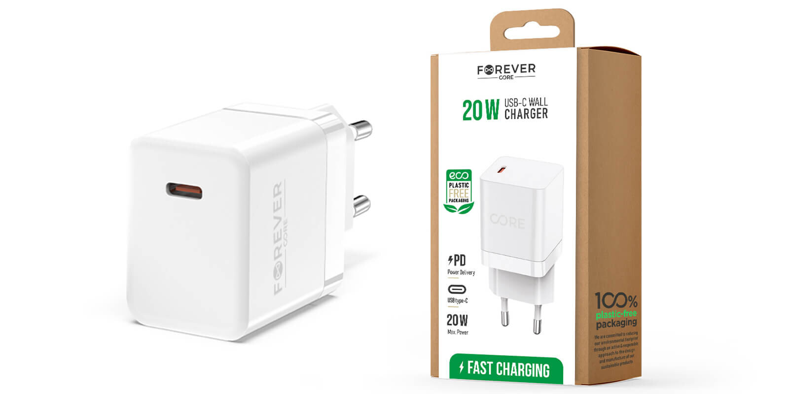 Ładowarka sieciowa FOREVER Core 20W USB-C Biały Opakowanie przyjazne środowisku