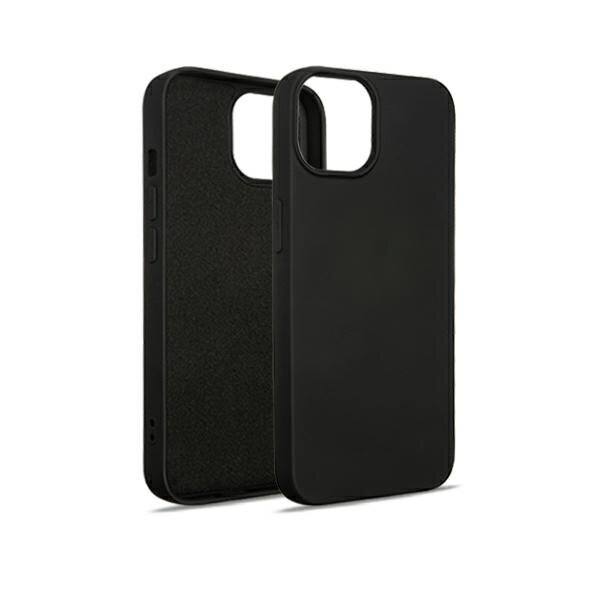 Na obrazie widoczne są dwa czarne etui na telefon, jedno z przodu, drugie z tyłu, z wycięciem na aparat. Etui mają gładką powierzchnię i są wykonane z silikonu.