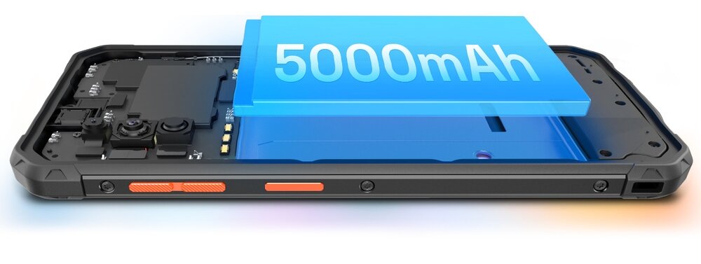 Obraz przedstawia smartfon z widoczną baterią o pojemności 5000mAh. Obudowa urządzenia jest w kolorze czarnym z pomarańczowymi elementami.