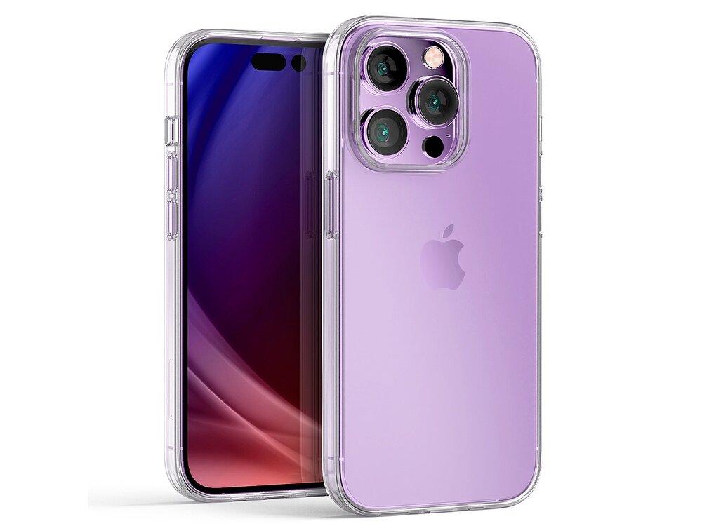 Na obrazie widoczny jest przezroczysty futerał na smartfon, który ukazuje tylną część telefonu z trzema obiektywami aparatu i logo w kształcie jabłka. Telefon ma fioletowy kolor obudowy.