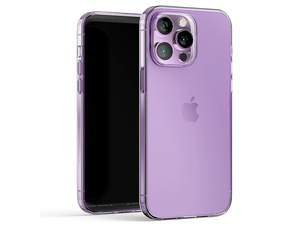 Przezroczyste etui na telefon w kolorze fioletowym, z widocznym logo w kształcie nadgryzionego jabłka. Etui jest dopasowane do modelu telefonu z trzema obiektywami aparatu.