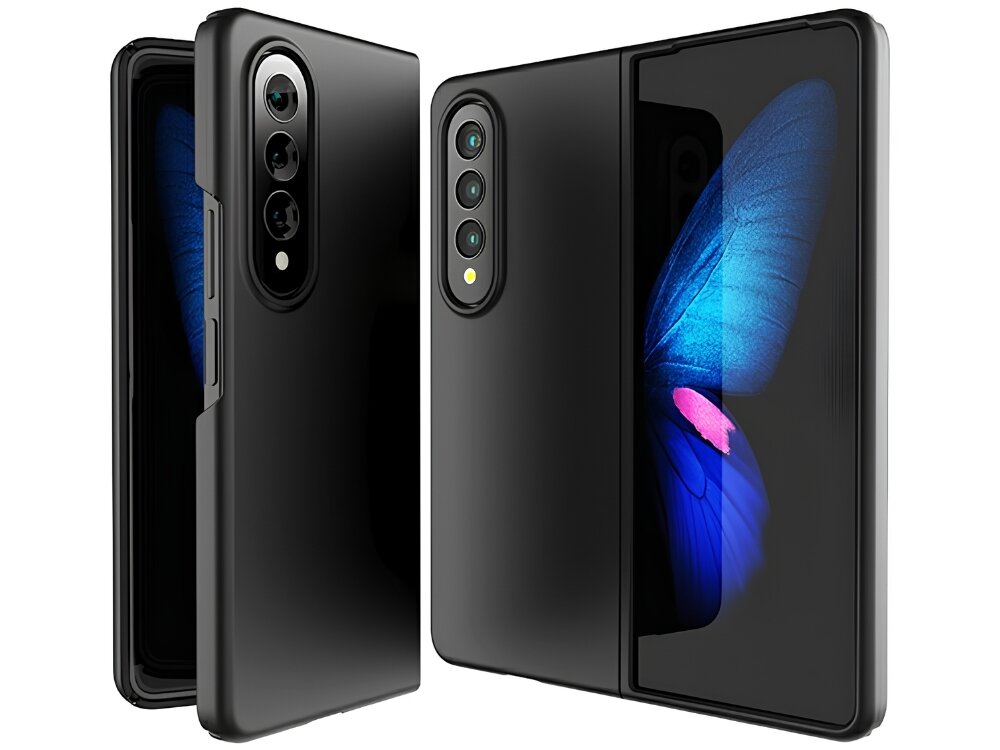 Obraz przedstawia czarne etui na telefon z trzema otworami na aparaty. Na ekranie telefonu widoczny jest motyl z niebieskimi skrzydłami i różowym akcentem.