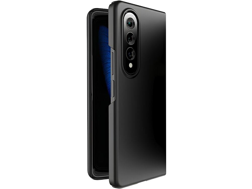 Czarne etui na telefon z trzema otworami na aparaty fotograficzne. Etui jest błyszczące i ma wycięcia na przyciski boczne.