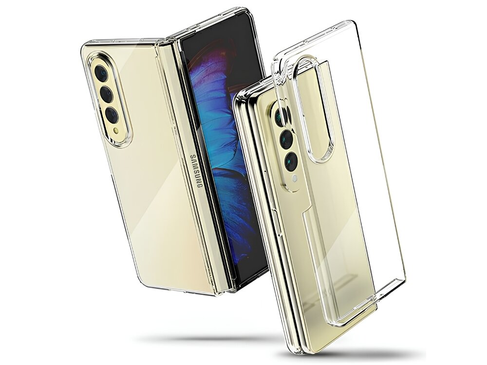 Przezroczyste etui na telefon Samsung Galaxy Z Fold4, ukazujące jego składany ekran i trzy obiektywy aparatu. Na telefonie widoczny jest napis \'SAMSUNG\'.