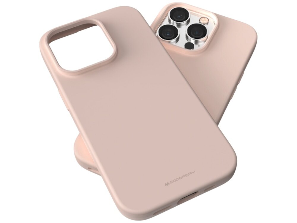 Dwa różowo-piaskowe etui na telefon, jedno z nich pokazuje wycięcie na aparat. Na etui widoczne jest logo \'GOOSPERY\'.