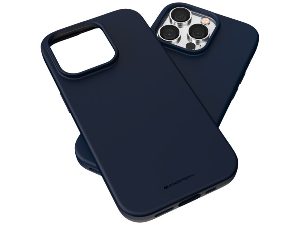 Na obrazie widoczne są dwa niebieskie etui na telefon, jedno z nich jest założone na telefon z trzema obiektywami aparatu. Na etui znajduje się logo \'GOOSPERY\'.