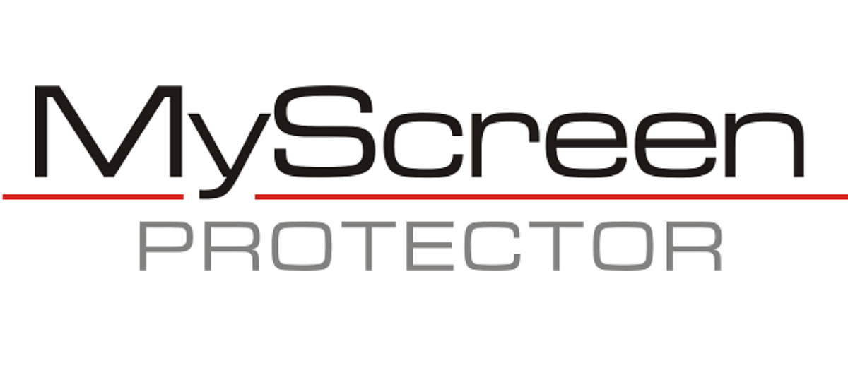 Logo z napisem \'MyScreen PROTECTOR\', z czerwoną linią podkreślającą słowo \'MyScreen\'.