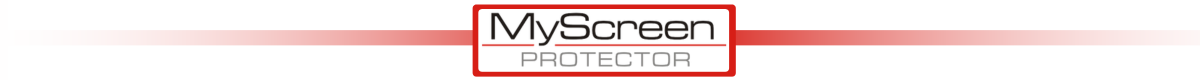 Logo z napisem \'MyScreen PROTECTOR\' na tle z czerwonym gradientem.