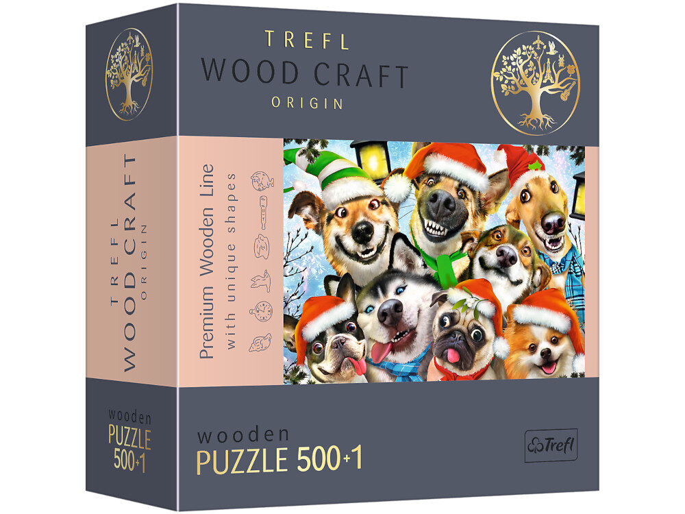 Puzzle TREFL Wood Craft swiateczne pieski 20173 (500 elementow) ekologiczne przyjazne srodowisku