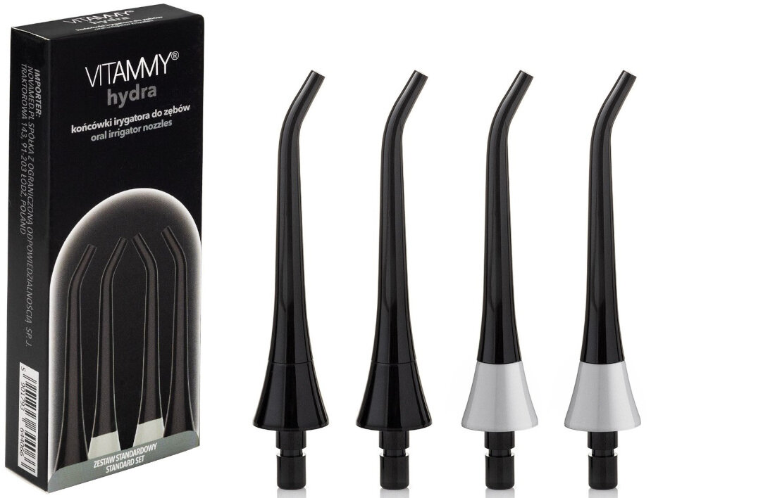 Oryginalna końcówka do irygatora VITAMMY Hydra Czarny  (4 szt.) (Dokładne czyszczenie przerw międzyzębowych) wygląd design prezentacja wizualizacja Skuteczna pielęgnacja