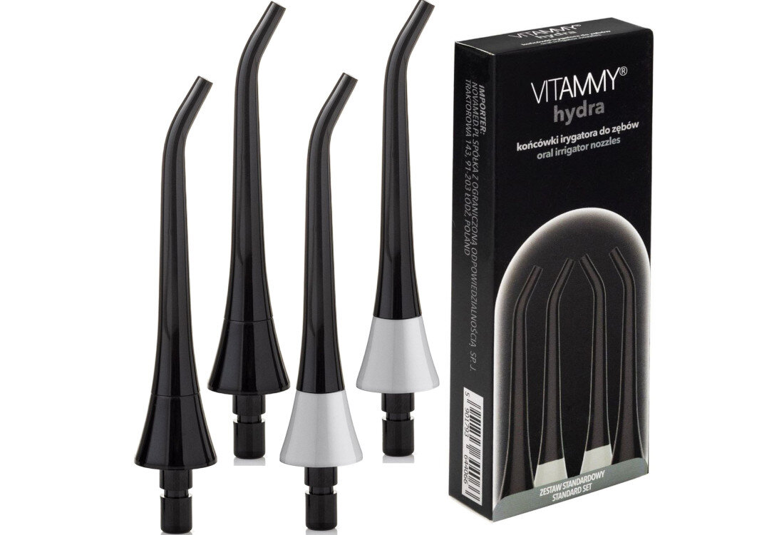 Oryginalna końcówka do irygatora VITAMMY Hydra Czarny  (4 szt.) (Dokładne czyszczenie przerw międzyzębowych) Higiena w wersji rodzinnej  cztery końcówki higiena jamy ustnej praktyczne rozwiązanie usuwa zanieczyszczenia, ale też masuje dziąsła wspiera krążenie i minimalizuje dyskomfort