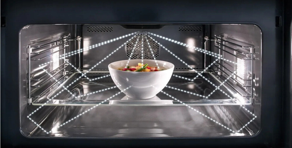 Kuchenka mikrofalowa ASKO OM8464S wnętrze równomierne rozprowadzenie mikrofal gotowanie moc dostosowanie technologia inwerterowa