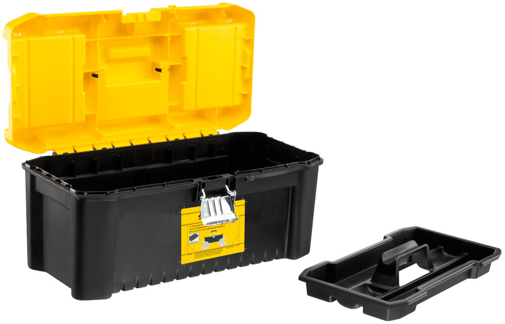 Skrzynka narzędziowa STANLEY Essential 16‘’ STST75785-1 skrzynka i tacka na białym tle widoczna od przodu pod skosem praktyczny gadżet pomaga uporządkować narzędzia akcesoria i drobne elementy montażowe efektywność codziennej pracy porządek