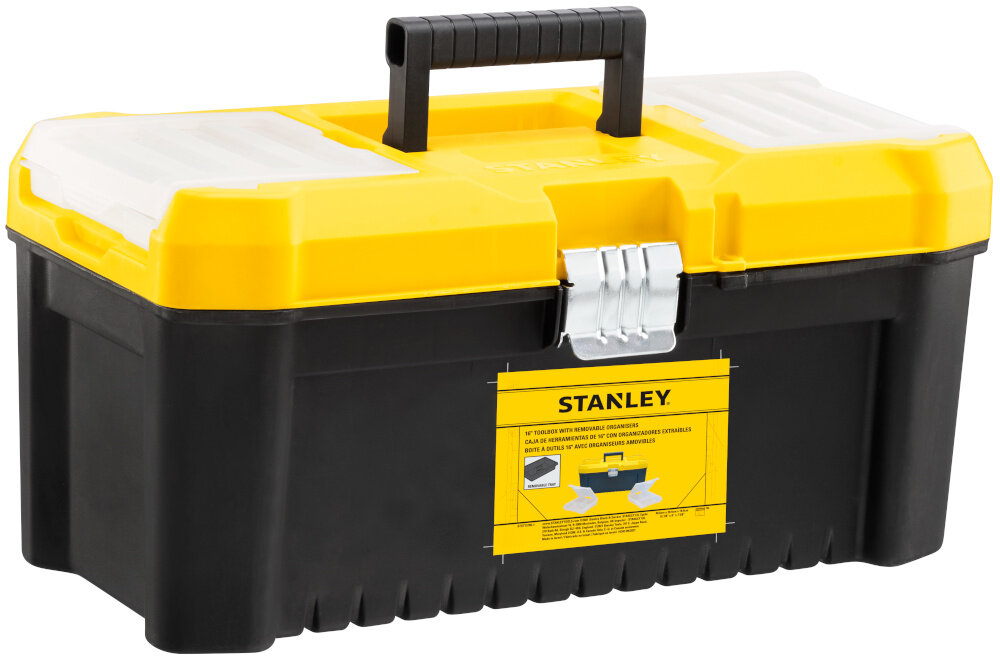 Skrzynka narzędziowa STANLEY Essential 16‘’ STST75785-1 skrzynka na białym tle widoczna od przodu pod skosem obudowa z tworzywa sztucznego odporna na uszkodzenia mechaniczne i działanie czynników zewnętrznych metalowe zatrzaski zawiasy z wysokiej jakości tworzywa sztucznego trwałość pewne zamykanie udźwig do 6 kg