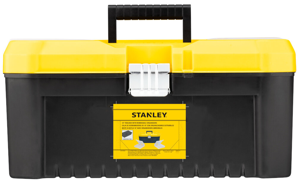 Skrzynka narzędziowa STANLEY Essential 16‘’ STST75785-1 otwarta skrzynia na białym tle widoczna od przodu uchwyt wymiary 415 × 200 × 217 mm waga 0,9 kg duża pojemność wytrzymałość