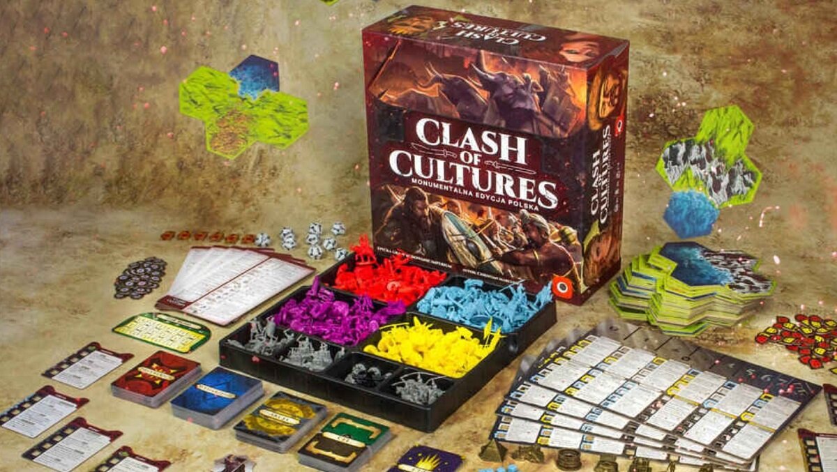 Gra planszowa PORTAL GAMES Clash of Cultures Monumentalna edycja cywilizacje współpraca żetony figurki strategia historia dominacja karty plansza dzieci młodzież teren odkrycia przywódca frakcje Rzymianie Aztekowie