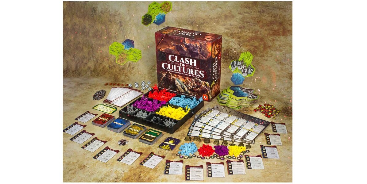 Gra planszowa PORTAL GAMES Clash of Cultures Monumentalna edycja cywilizacje współpraca żetony figurki strategia historia dominacja karty plansza dzieci młodzież teren odkrycia przywódca frakcje Rzymianie Aztekowie