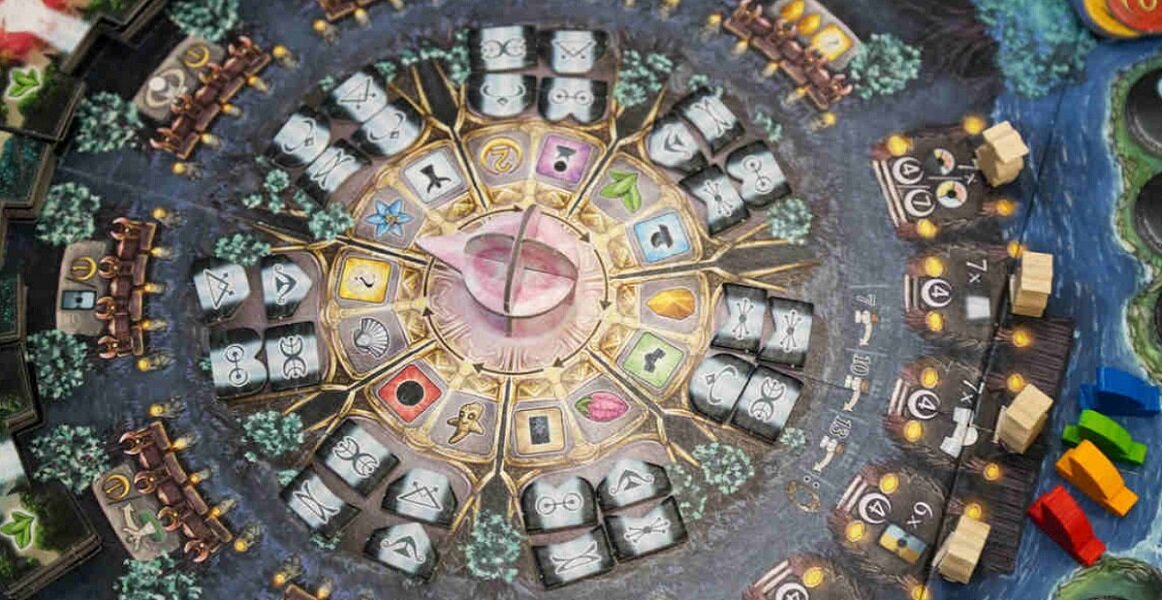 Gra planszowa PORTAL GAMES Bonfire plansza kafelki zadania portale żetony statek nowicjusz instrukcja fantasy ognisko akcja rozrywka dzieci młodzież planeta ludzie