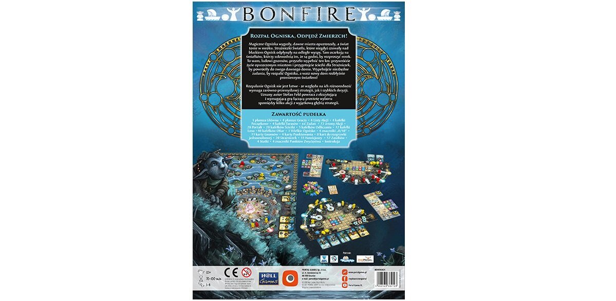 Gra planszowa PORTAL GAMES Bonfire plansza kafelki zadania portale żetony statek nowicjusz instrukcja fantasy ognisko akcja rozrywka dzieci młodzież planeta ludzie