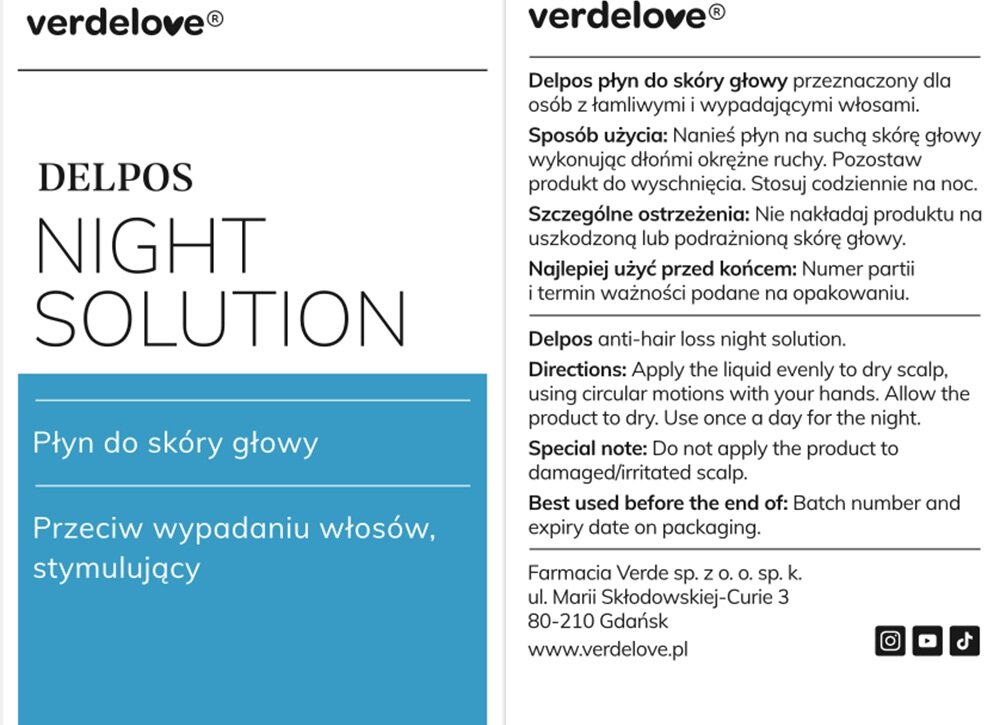 Płyn VERDELOVE Delpos Przeciw wypadaniu włosów 150 ml równomierne rozprowadzenie, użycie raz dziennie na noc