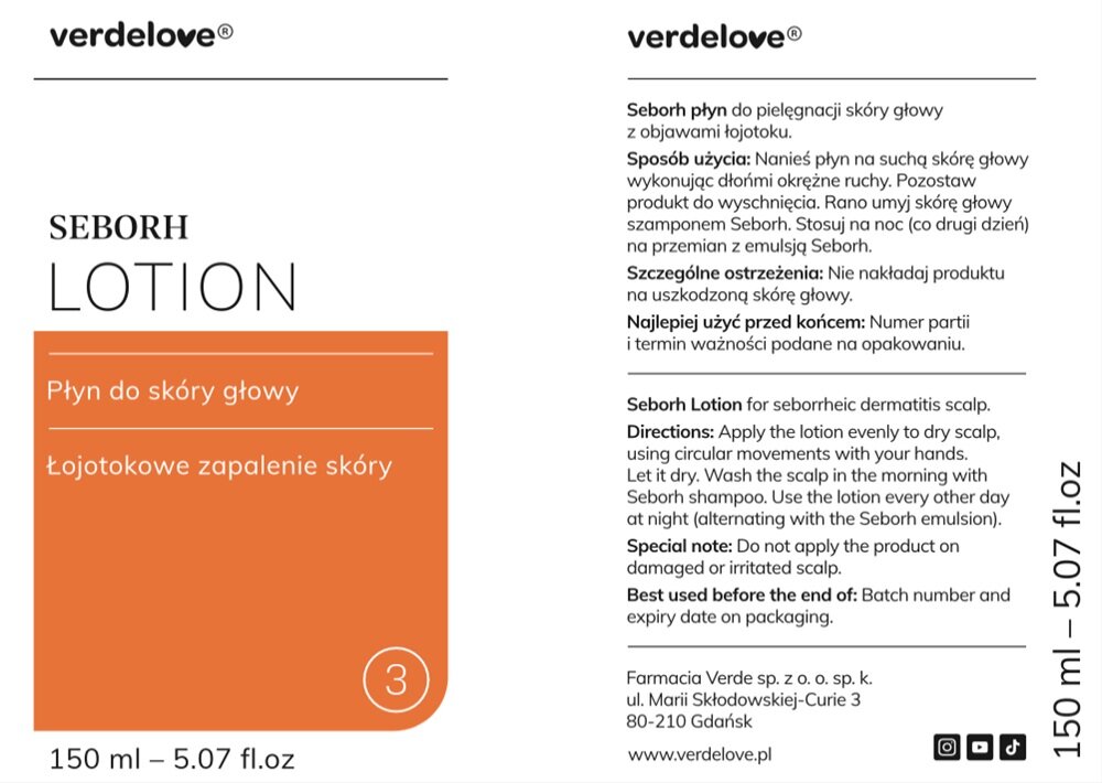 Płyn VERDELOVE Seborh na łojotokowe zapalenie skóry 150 ml równomierne użycie, na suchą skórę głowy, nie używać na uszkodzoną skórę