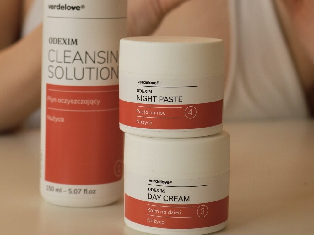 Zestaw VERDELOVE Odexim do pielęgnacji skóry z nużycą 4 sztuki 4 specjalistyvzne produkty, skuteczna pielęgnacja cery, oczyszczanie, łagodzi podrażnienia