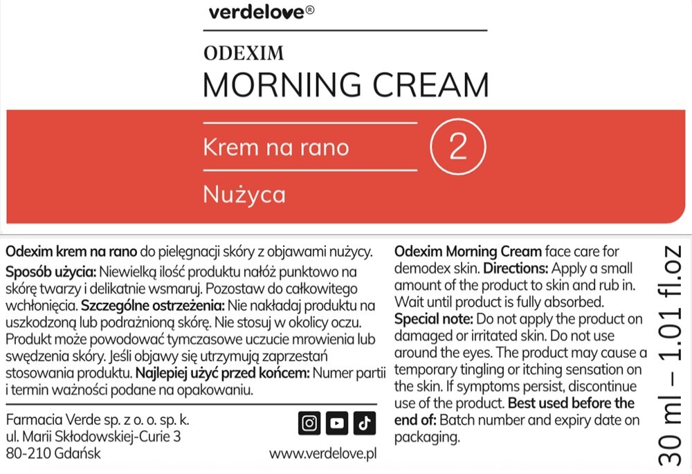 Krem VERDELOVE Odexim na rano 30 ml nie stosować w okolicy oczu, chwilowe uczucie mrowienia lub swędzenia