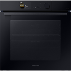 Czarny piekarnik z panelem sterowania z wyświetlaczem i pokrętłem. Na drzwiach widoczne jest logo \'SAMSUNG\'.
