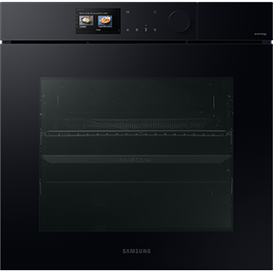 Czarny piekarnik z panelem dotykowym i pokrętłem, na którym wyświetlane są dwa obrazy potraw. Na drzwiach widoczne jest logo \'SAMSUNG\'.