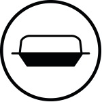 Czarny symbol przedstawiający naczynie do pieczenia w okręgu.